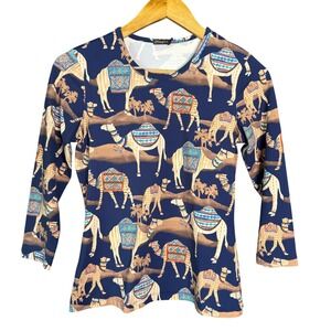 J.McLaughlin‎ Neo Bakara Shirt XS Camel Print 3/4 Sleeve Stretch Blue Tan Art